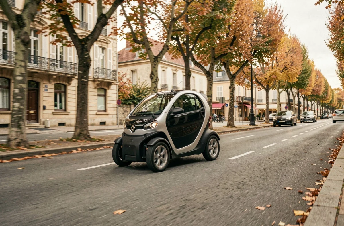 Renault Twizy en mouvement sur un boulevard bordé d'arbres en province française, vue de côté