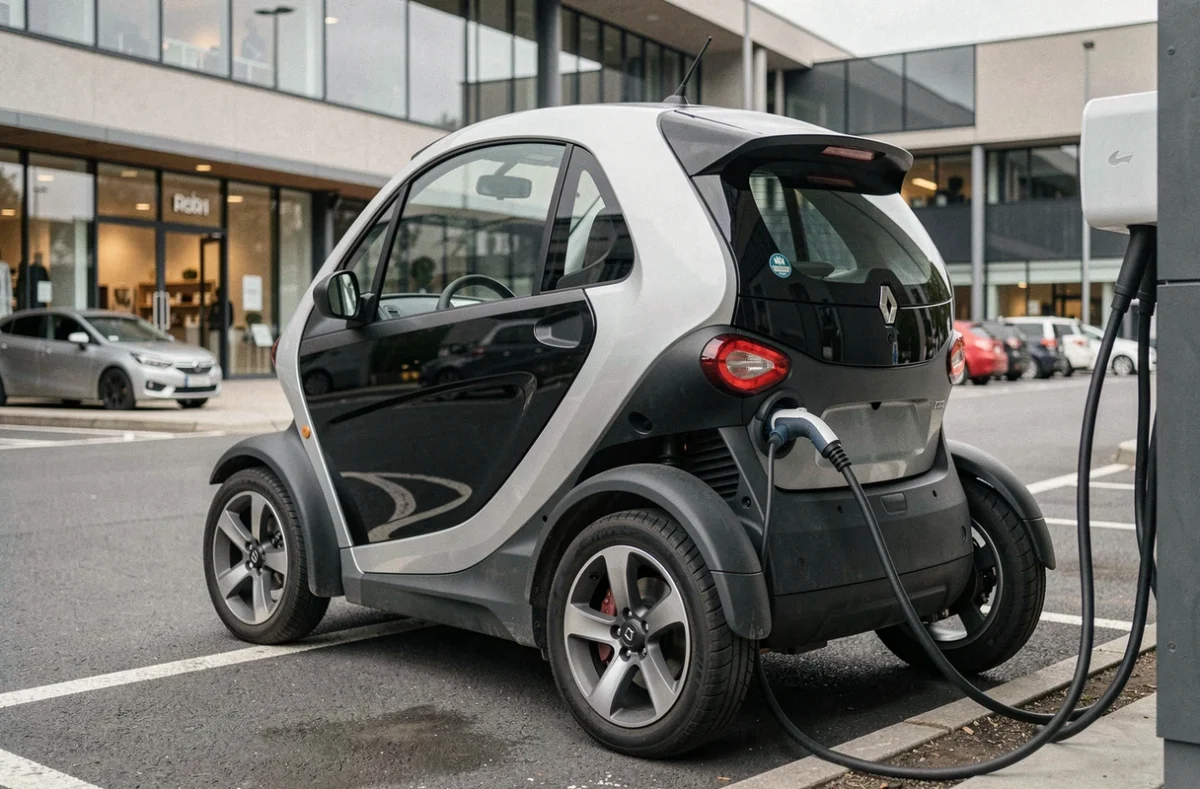 Renault Twizy branchée sur une borne de recharge électrique dans un parking de centre commercial