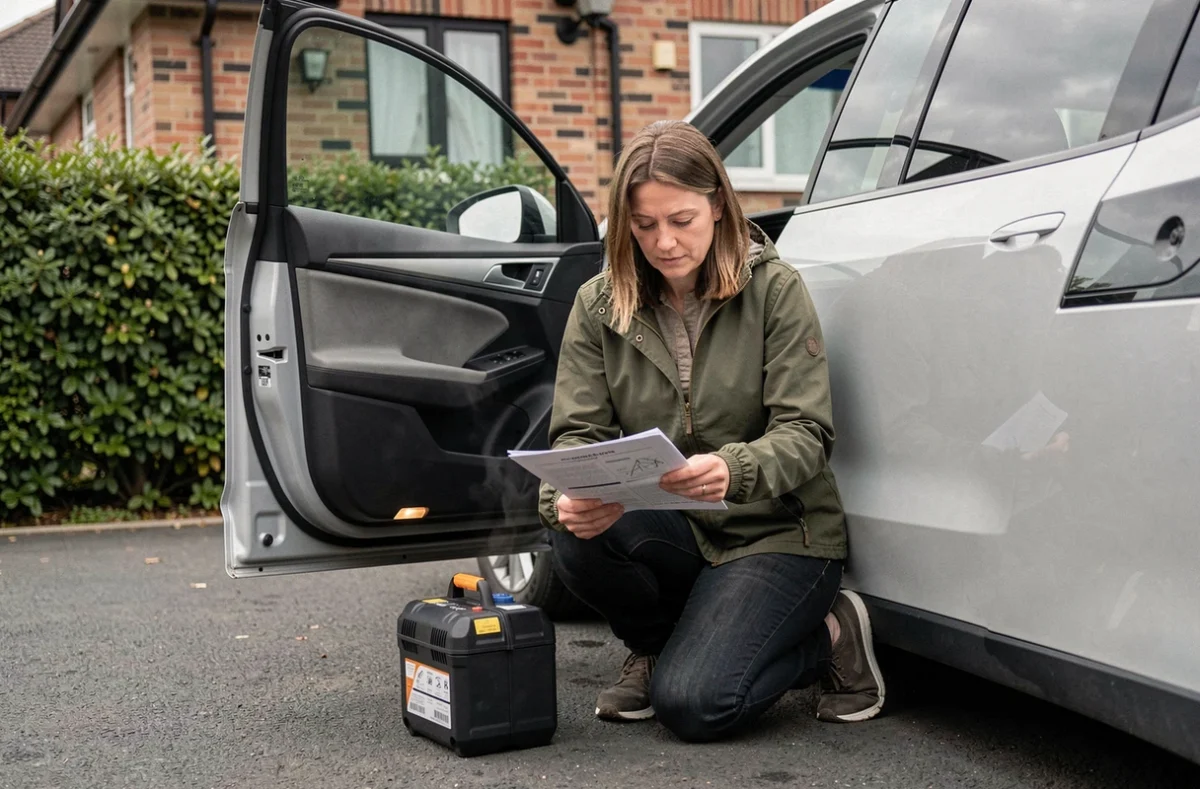 Femme consultant le manuel d'un chargeur de maintien de batterie à côté de son véhicule hybride moderne dans une allée résidentielle