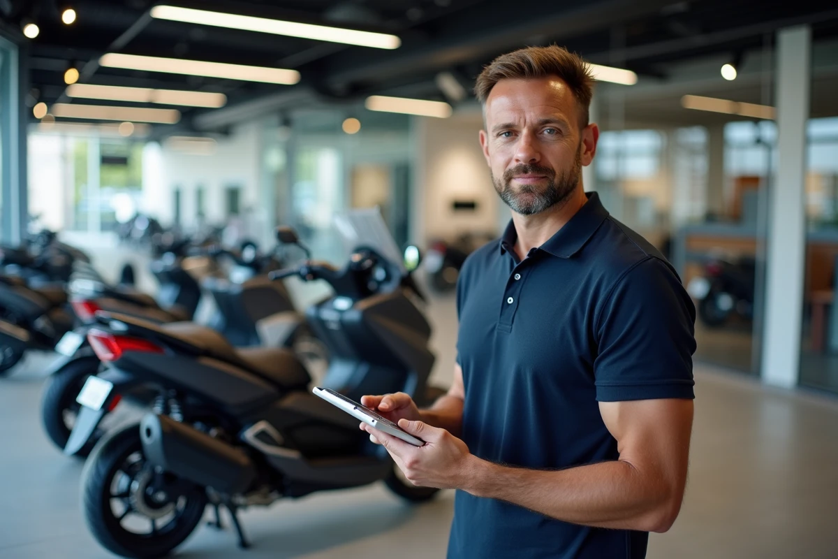 Vendeur de scooter présentant les tarifs du TMAX 750 dans une concession Yamaha à Lyon