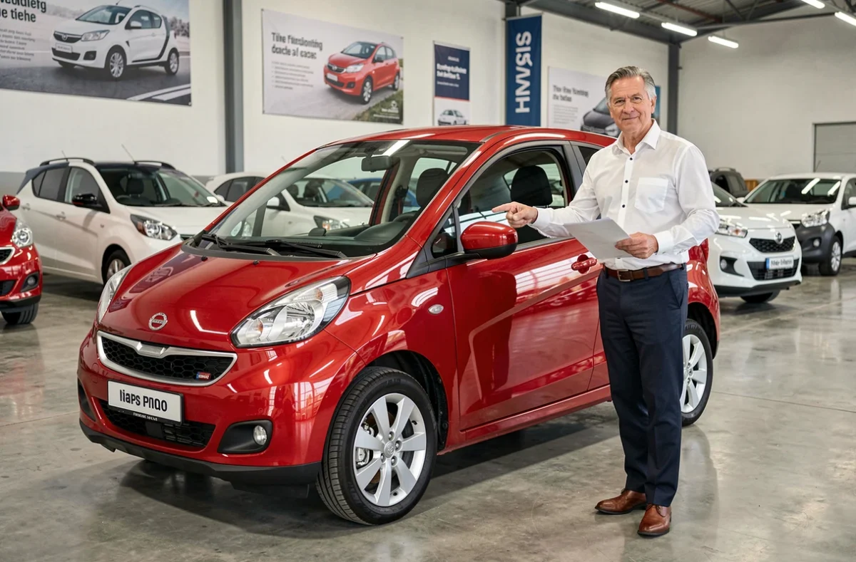 Vendeur présentant une voiture sans permis 4 places rouge neuve dans une salle d'exposition