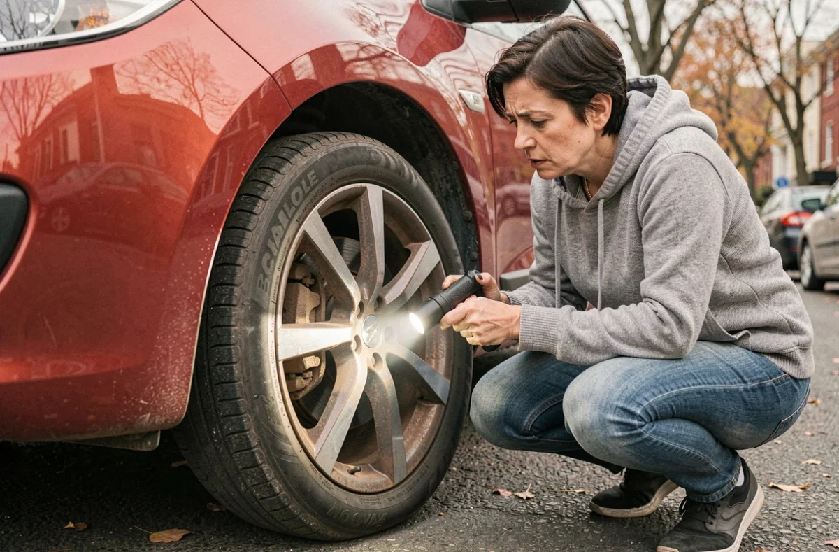 Femme examinant le disque de frein et l'étrier d'une Renault Mégane 3 avant son passage au contrôle technique