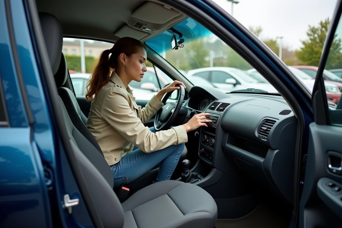 Femme inspectant l'habitacle d'une Peugeot 206 bleue d'occasion dans un parking de concessionnaire automobile