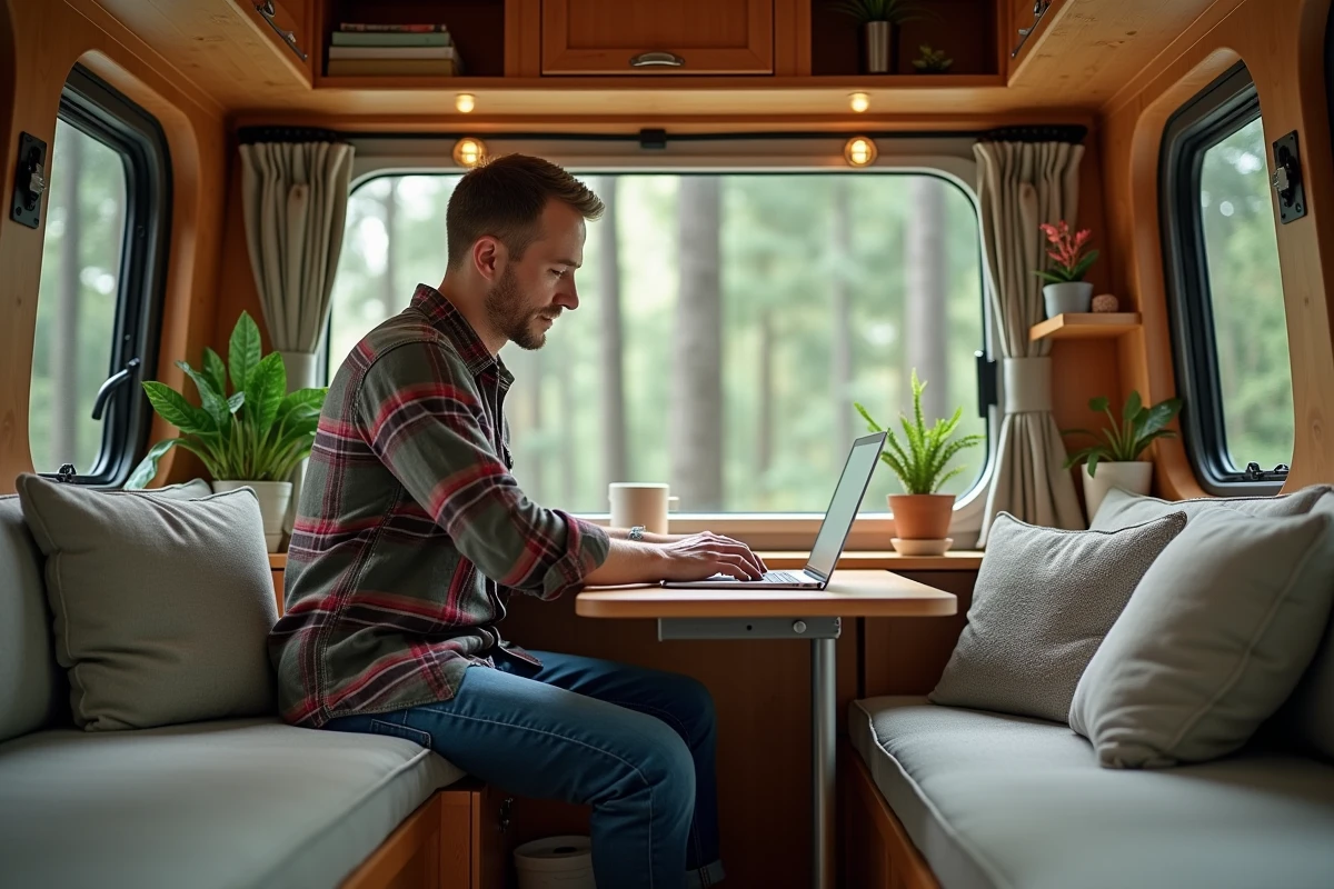 Homme dans une van aménagée avec bureau et forêt en arrière-plan