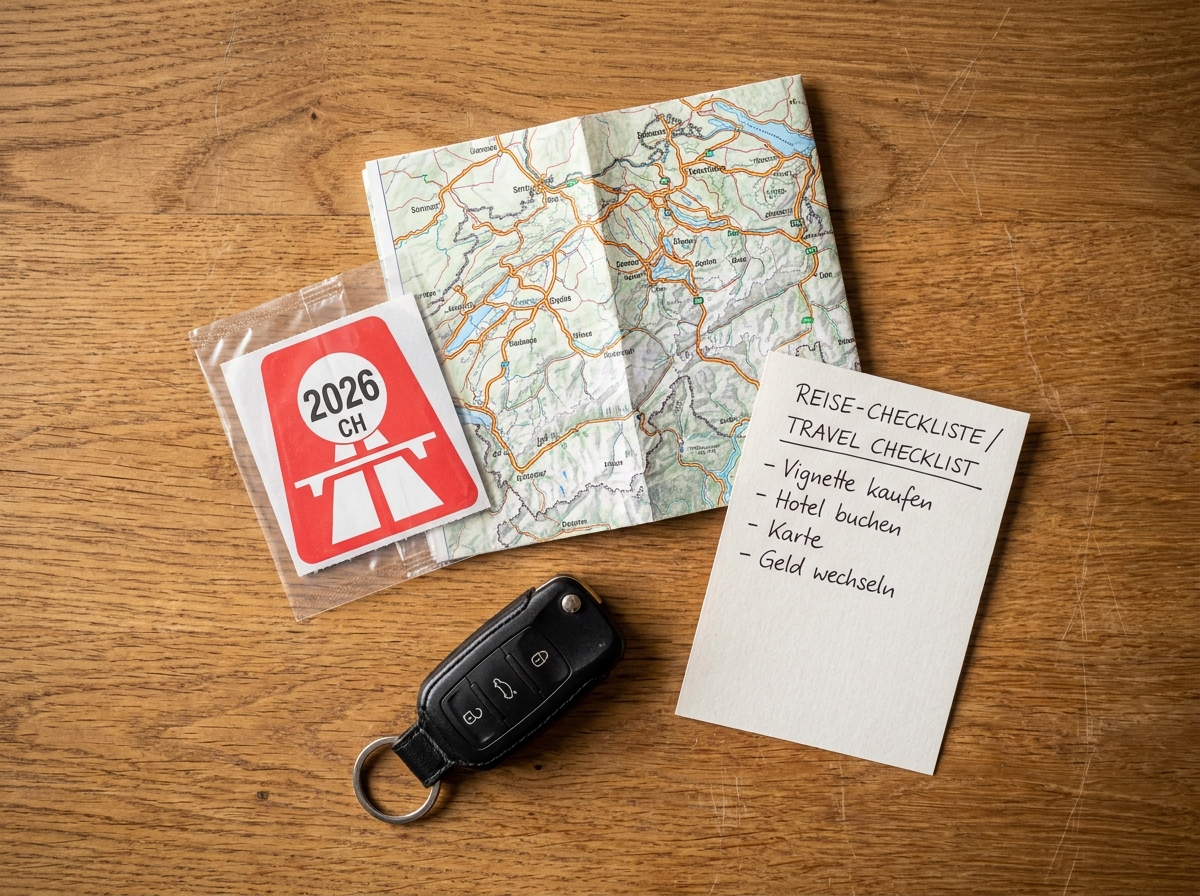 Vignette autoroutière suisse 2026 avec carte routière et checklist de voyage posées sur une table en bois
