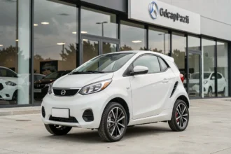Voiture sans permis 4 places neuve blanche garée devant un concessionnaire automobile