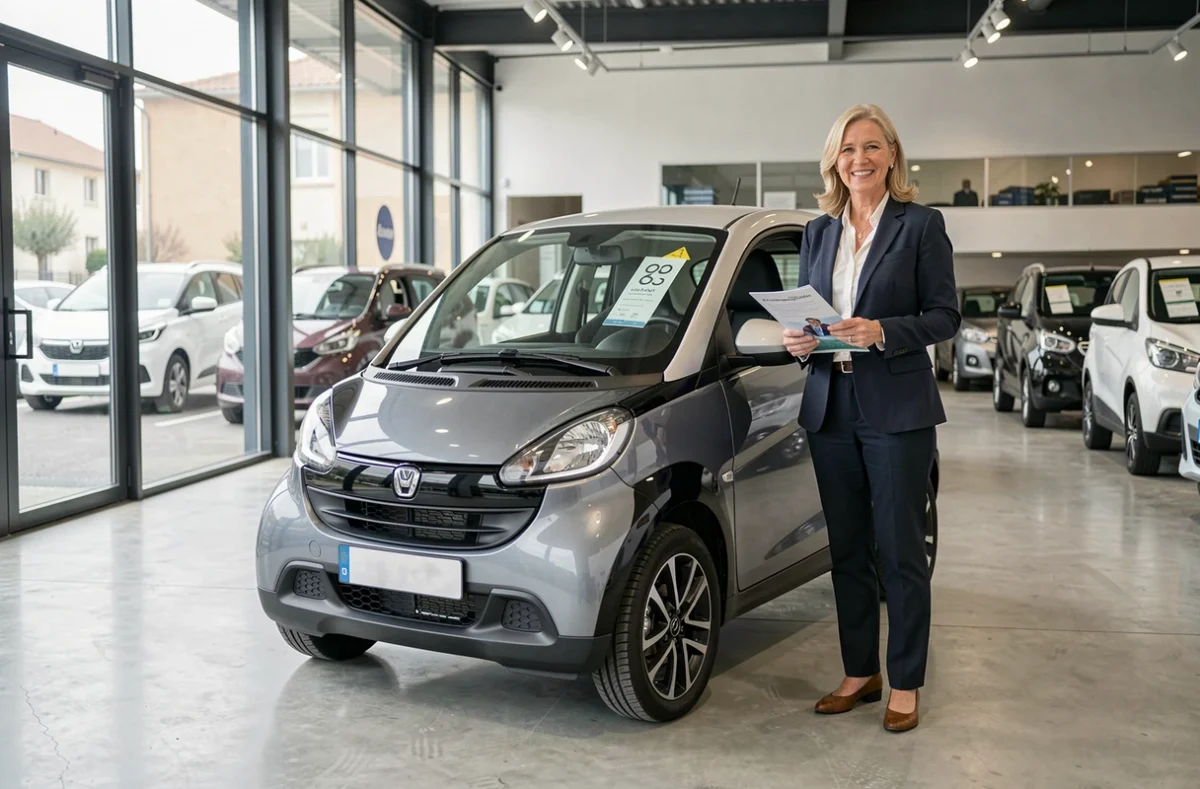 Vendeuse présentant une voiture sans permis dans une concession automobile française avec étiquette de prix