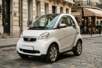 Voiture sans permis électrique style Fiat garée dans une rue pavée urbaine parisienne