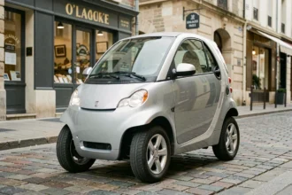 Voiture sans permis essence grise garée dans une rue française pavée devant une boulangerie