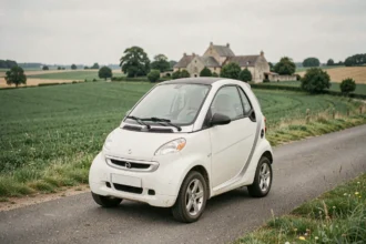 Voiture sans permis d'occasion garée sur une route rurale en Meuse avec village en arrière-plan