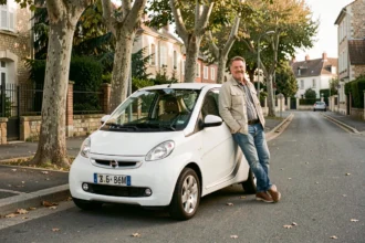 Homme appuyé contre une voiture sans permis blanche garée dans une rue résidentielle française