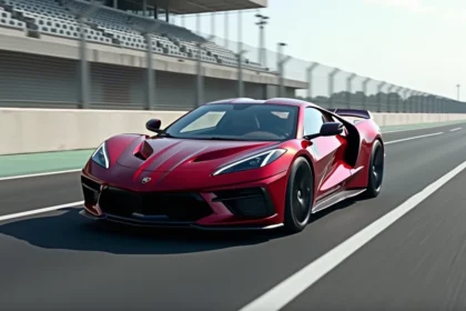Voiture de sport rouge atteignant 200 mph sur circuit automobile, vue en angle 3/4 avec flou de vitesse sur la piste