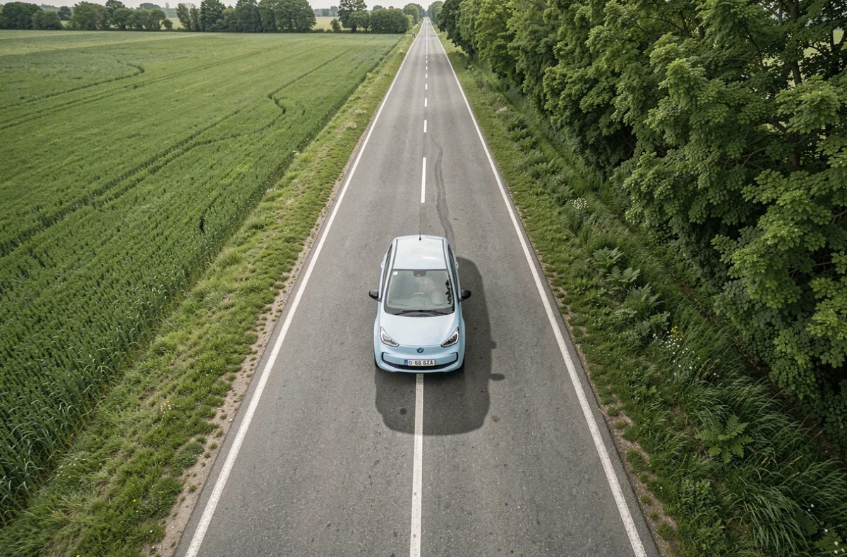 Vue aérienne d'une voiture sans permis électrique Fiat roulant sur une route de campagne illustrant son autonomie