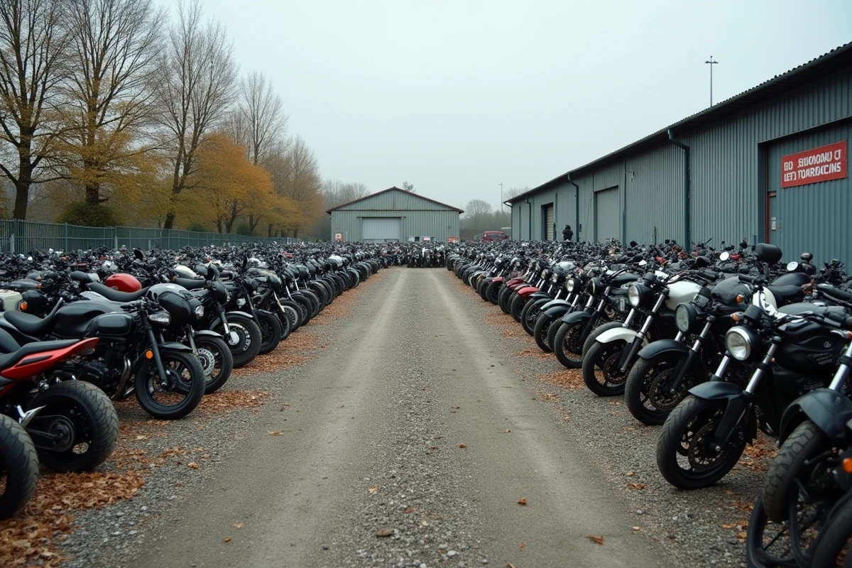 Vue d'ensemble d'une casse moto en France avec rangées de motos démontées sur un terrain de gravier