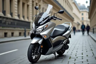Yamaha TMAX 750 garé sur un boulevard parisien avec architecture haussmannienne en arrière-plan
